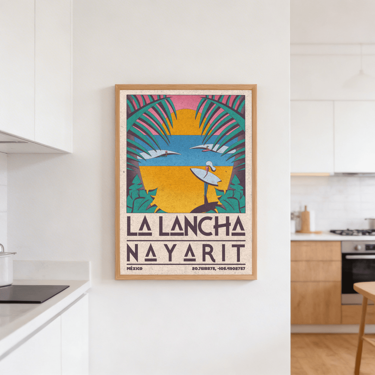 Surfer Beach Art Print surfboarder with retro sunset and palm leaves on white kitchen wall