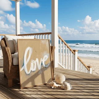 Print leaning on a wicker chair on a beach deck with shells nearby and a blue sky