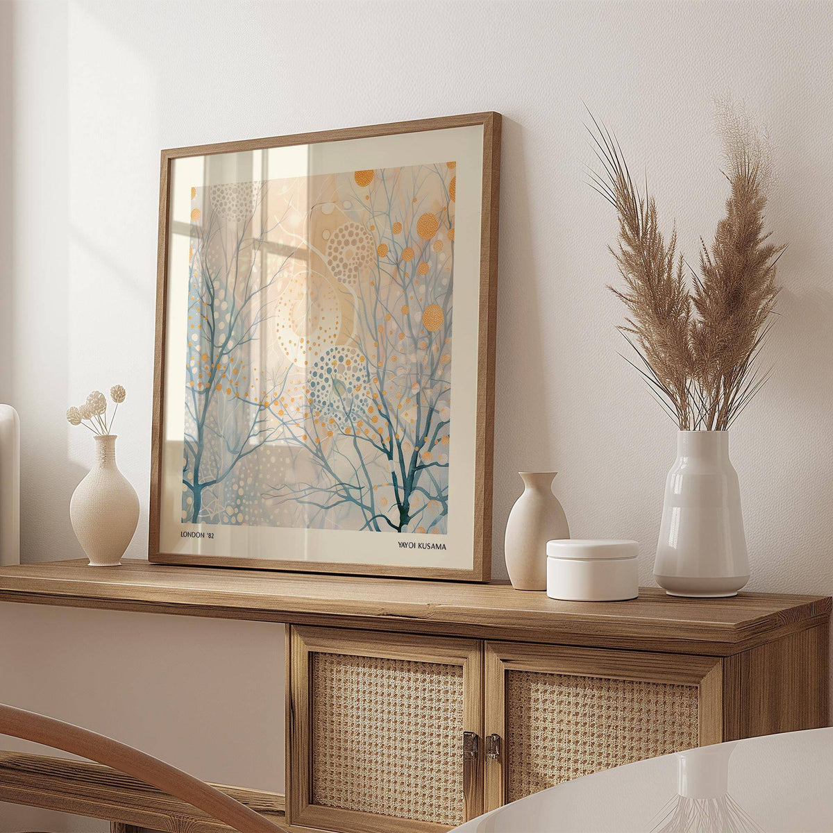 Minimalist Poster Art framed print of blue and orange abstract branches leaning on a wooden sideboard with beige vases