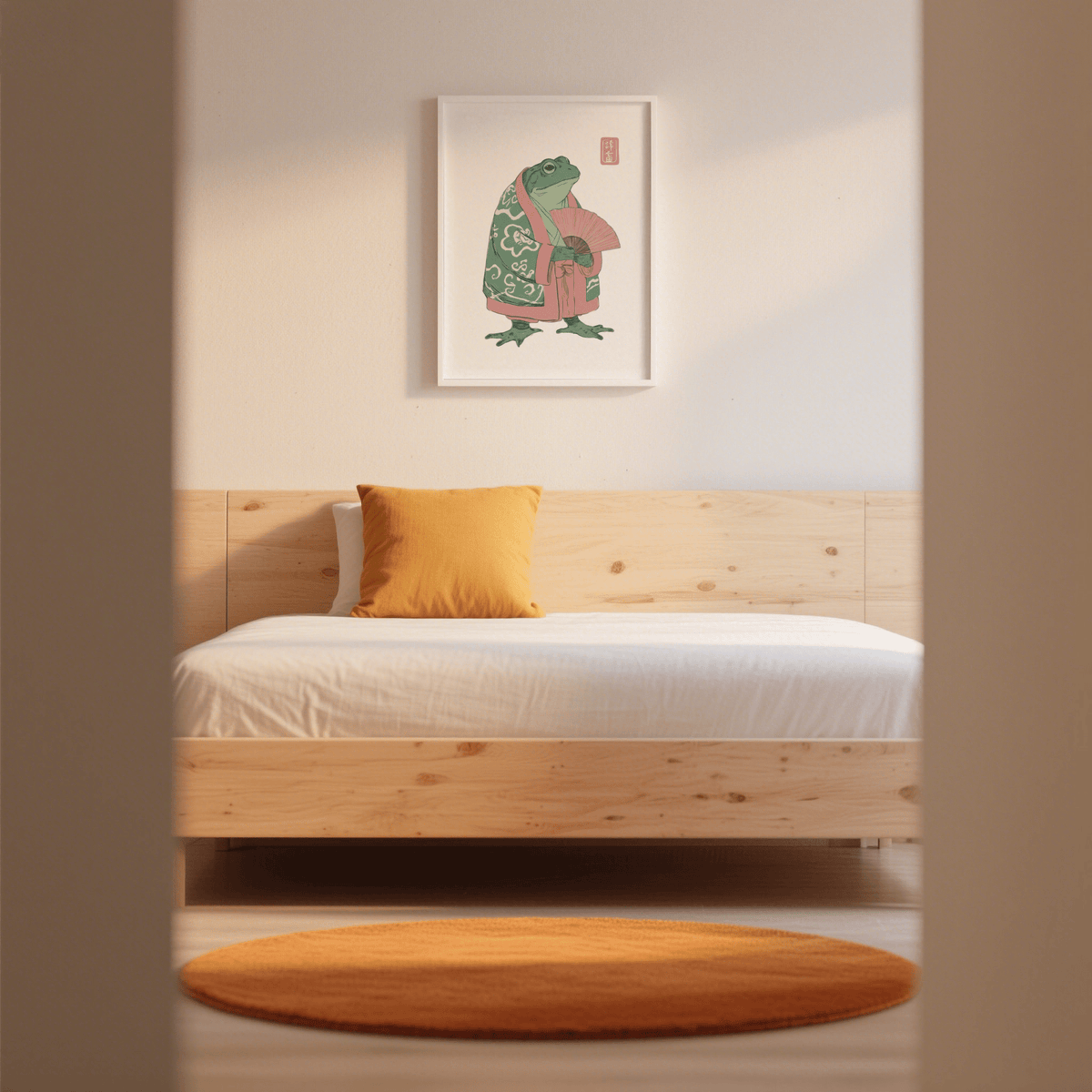 Frog art print of a frog in a pink and green kimono framed on a pale wall above a wooden bed in a bedroom