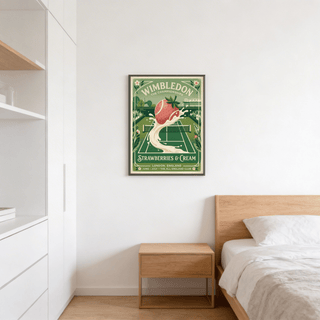Grass Court Tennis Poster print with retro strawberry tennis ball above a wooden bedside table in bedroom