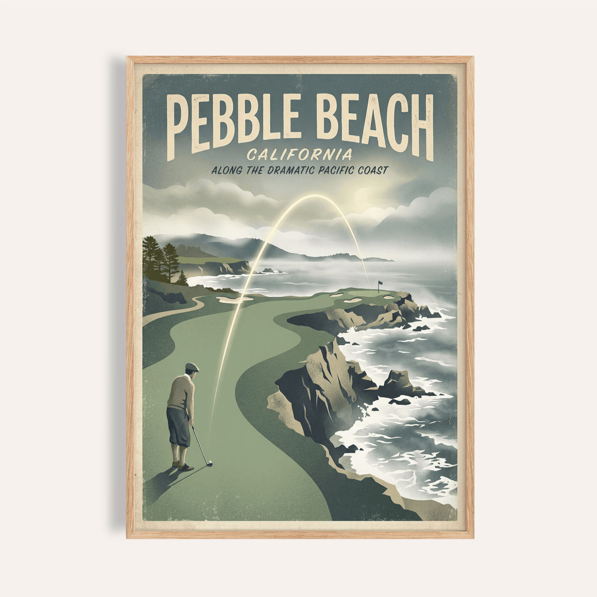 Framed California Coastal Golf Print showing a golfer on green cliffs by a turbulent sea