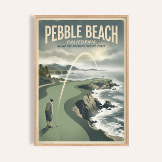 Framed California Coastal Golf Print showing a golfer on green cliffs by a turbulent sea