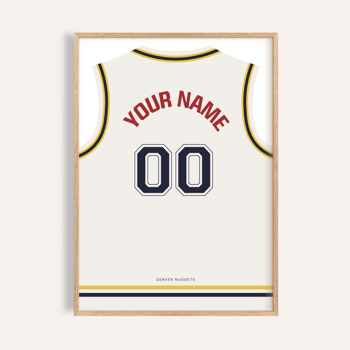 Framed basketball jersey poster in white with yellow and navy trim showing custom name and number