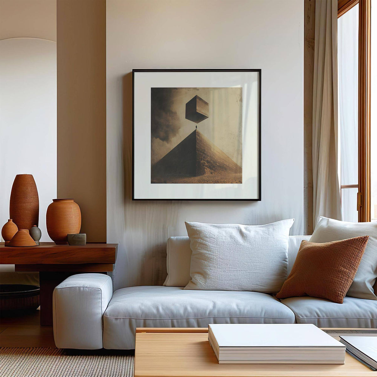 Neutral Color Wall Art framed print of surreal pyramid with floating cube above a white sofa