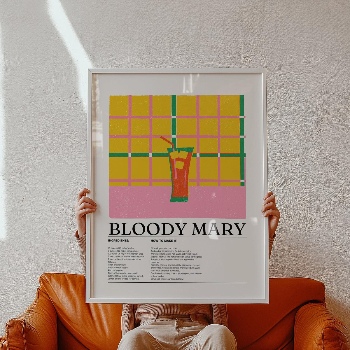 Retro Drink Poster of a bloody mary cocktail illustration with yellow and pink grid background held above an orange sofa