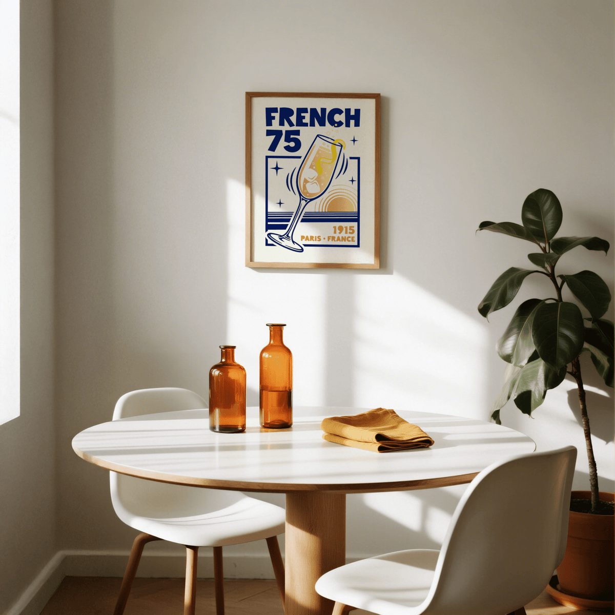 French 75 Poster print on wall above dining table with brown glass bottles and yellow cloth