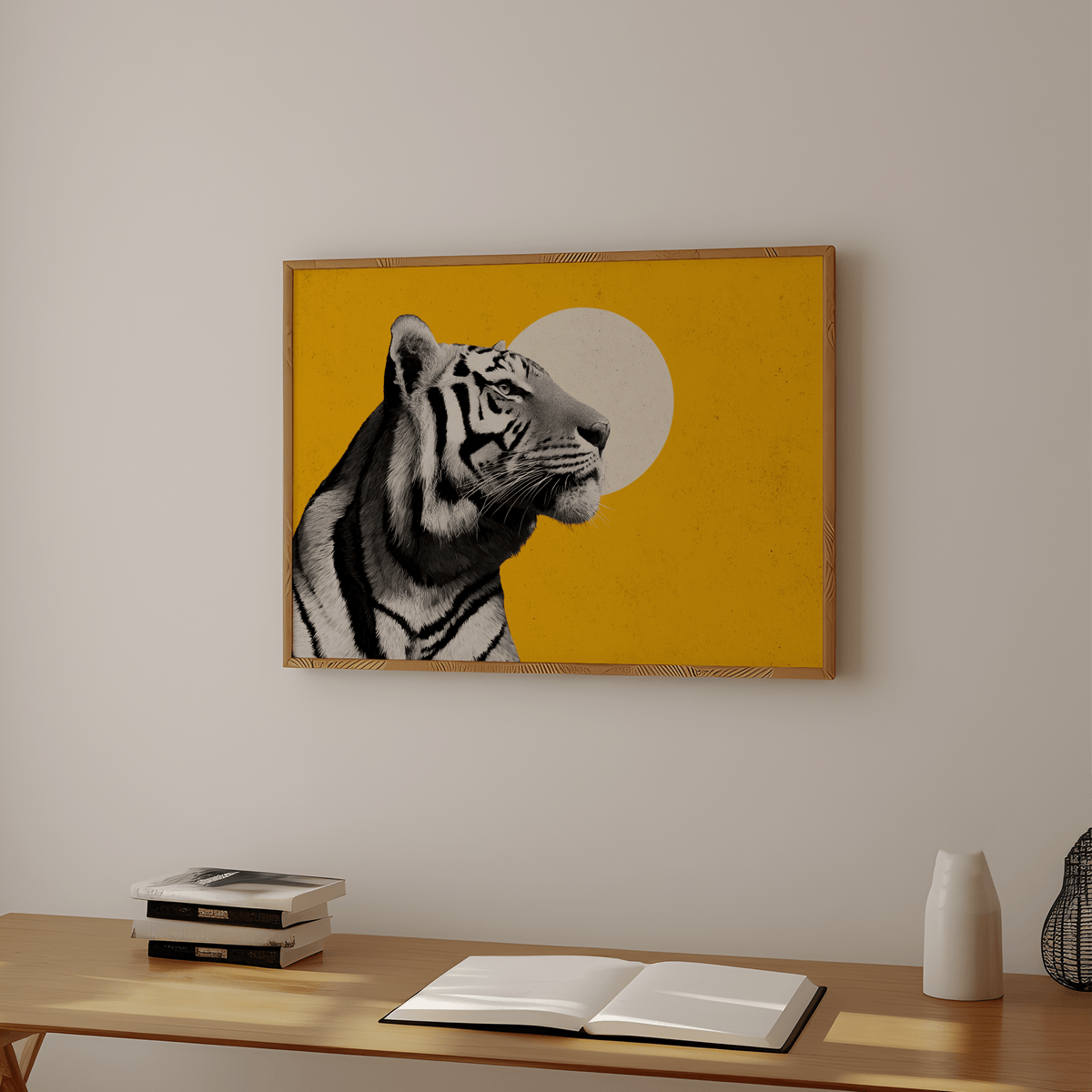 Landscape Tiger wall art in minimalist style with yellow background and white sun above a desk