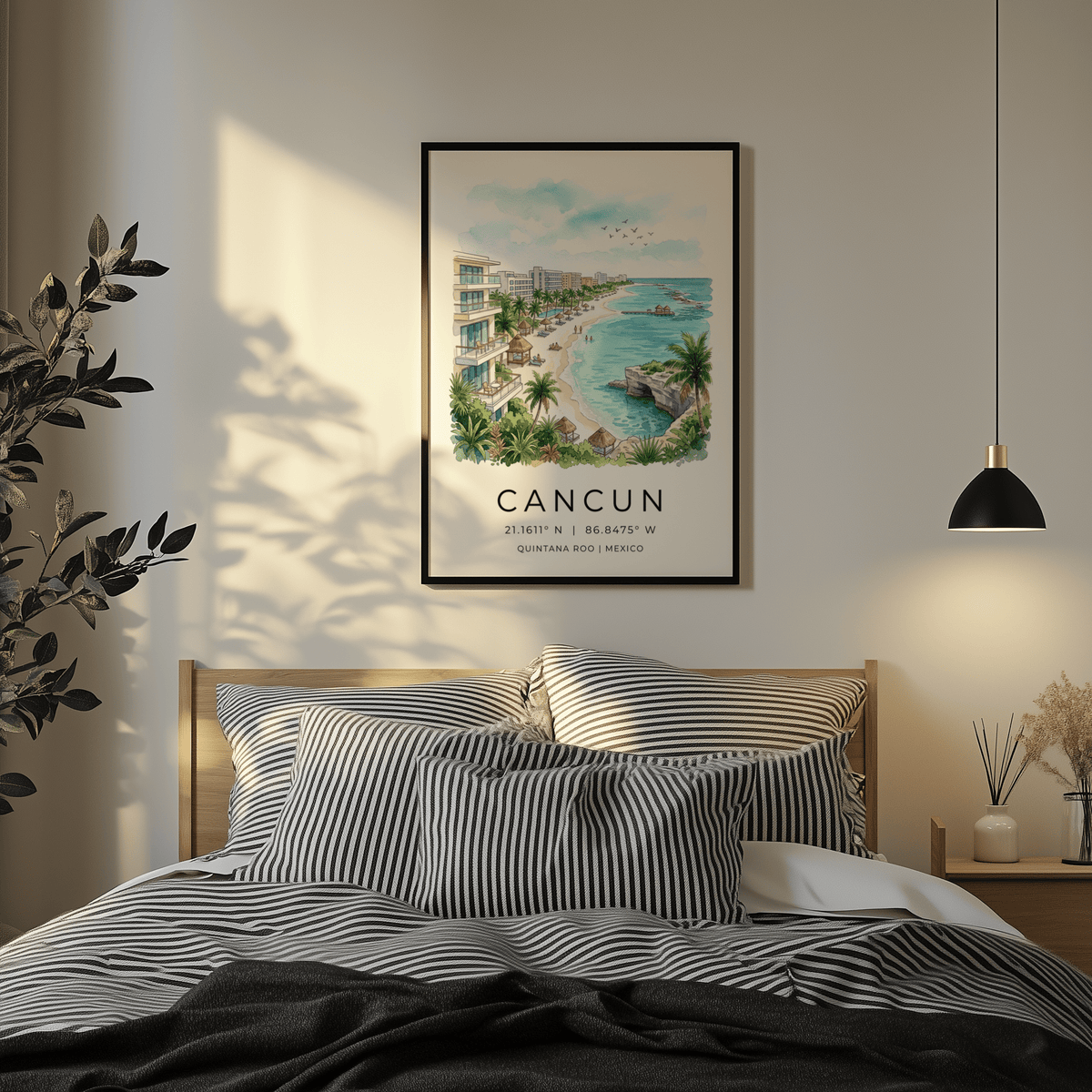 Print of Cancun Beach Art with watercolour coastline and palm trees above a bed with striped bedding