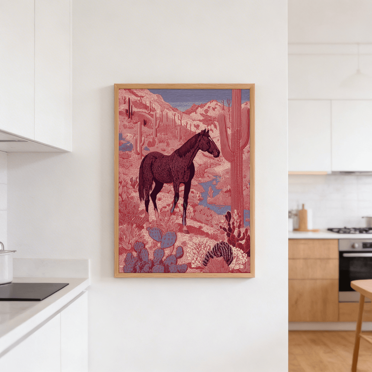 Western Horse wall art of a black horse in a desert landscape on a white kitchen wall