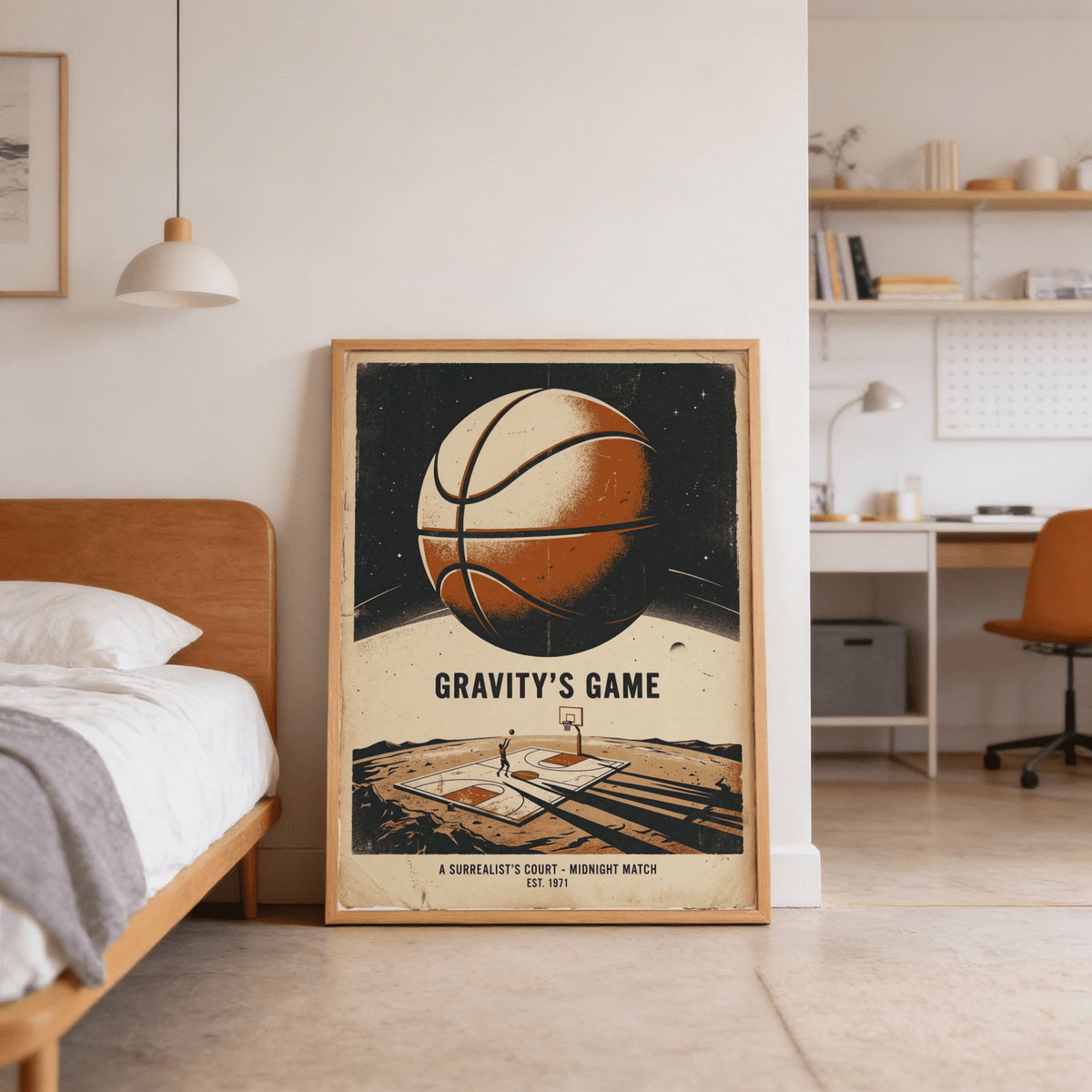 Surreal Basketball Art Print leaning against a wall with a wooden bed frame beside it in a bedroom