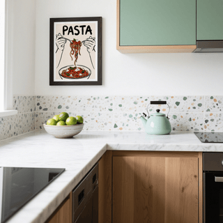 Pasta Art Print framed print close-up of spaghetti with tomato sauce in a kitchen with green cabinets and a bowl of limes