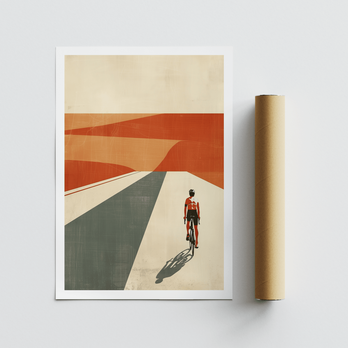 Flat artwork of a minimalist cyclist in red riding through a desert with geometric shapes and muted colours next to a packaging tube
