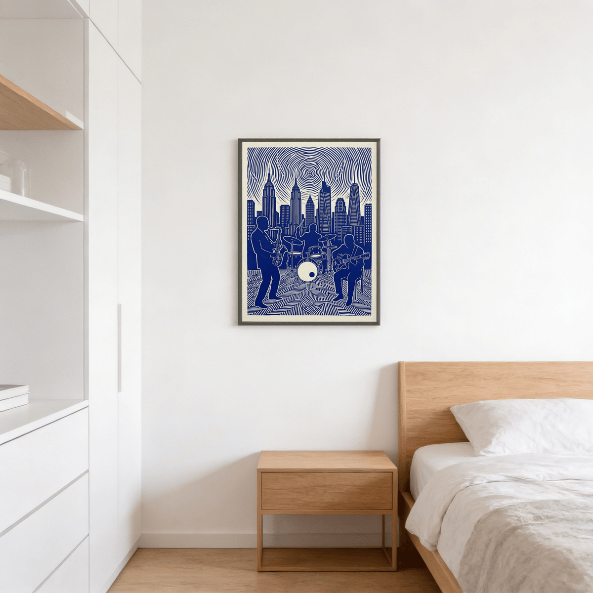 Jazz Band wall art in blue and cream tones hung on bedroom wall above wooden bedside table