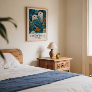 Wall Art Unique print of two barn owls in blue and white tones above a bedside table with lamp
