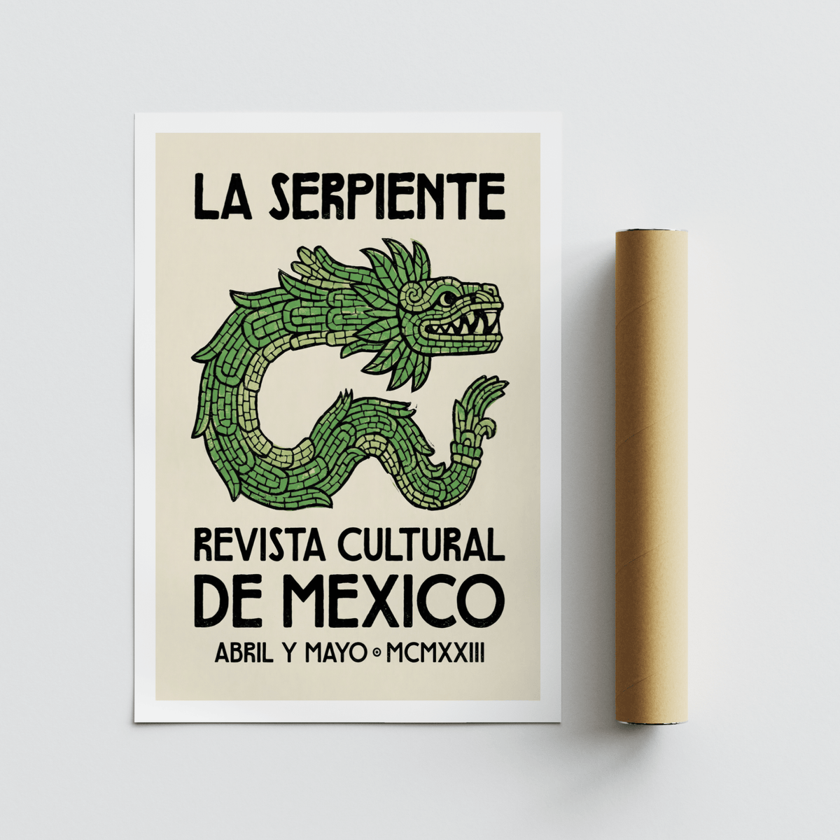 Serpent Cultural Art Print of an Aztec serpent deity illustration in green and black with a packaging tube