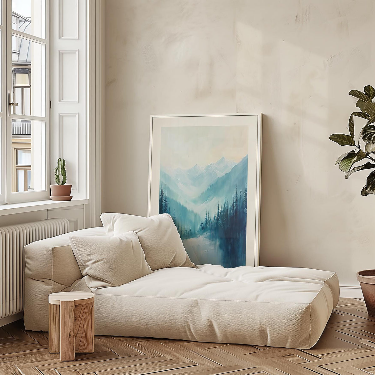 Nature print leaning on the floor with pine trees and blue mountains near a potted cactus