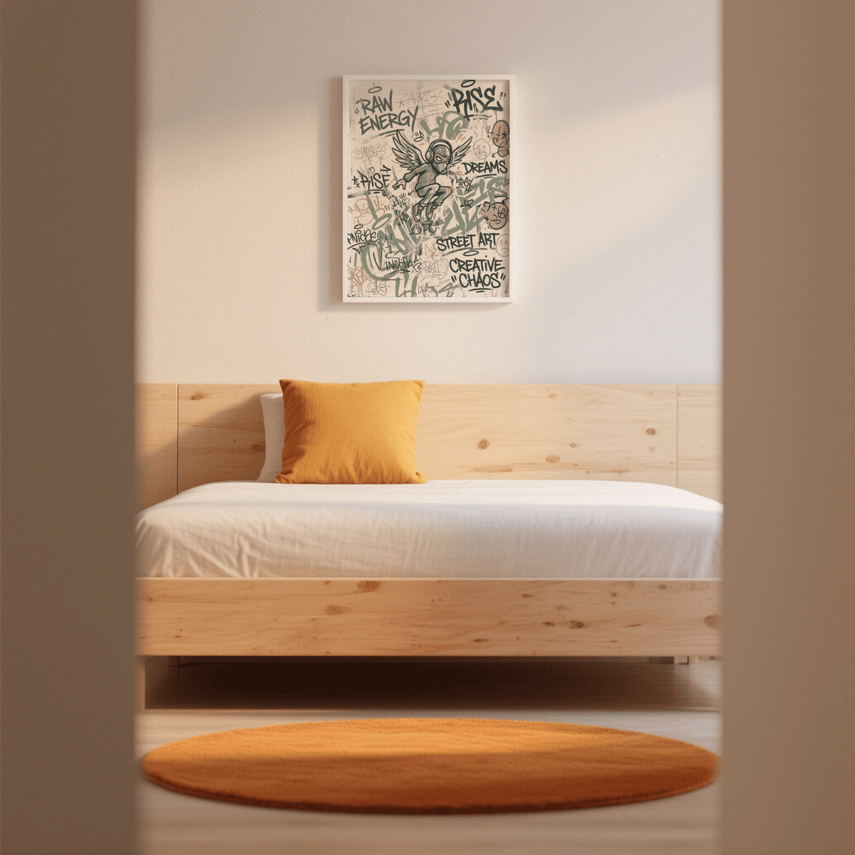 Street Art Poster of a winged figure with headphones in pastel colours on a bedroom wall above a wooden bed
