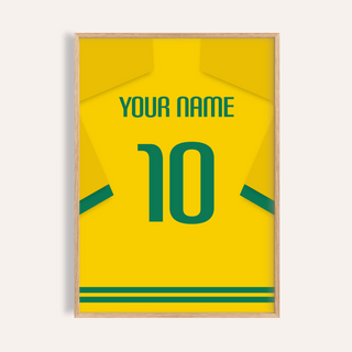 Framed print of a football shirt poster in yellow with a green number and name