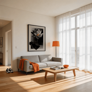 Lotus Flower Art Print on a living room wall above a grey sofa with an orange throw and matching lamp