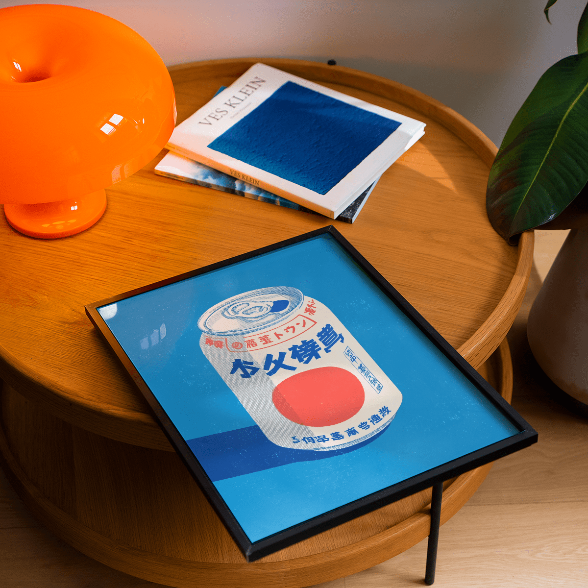 Framed Japanese Soda Print illustration of a white soda can with red and blue details on a blue background