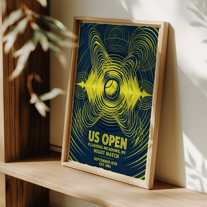 Print leaning on a shelf of Tennis Night Art Print with abstract yellow and blue tennis ball design and plant shadow
