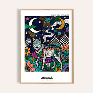 Framed Wolf Galaxy wall art showing a decorative wolf with a colourful cosmic background