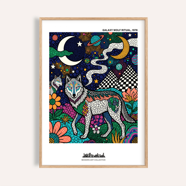 Framed Wolf Galaxy wall art showing a decorative wolf with a colourful cosmic background