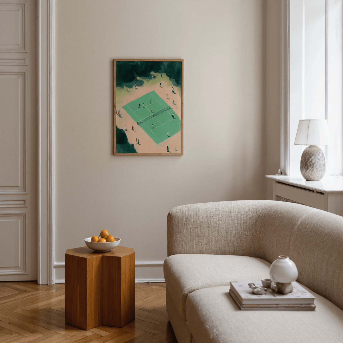 Tennis Court wall art of people playing tennis with green court in a neutral living room
