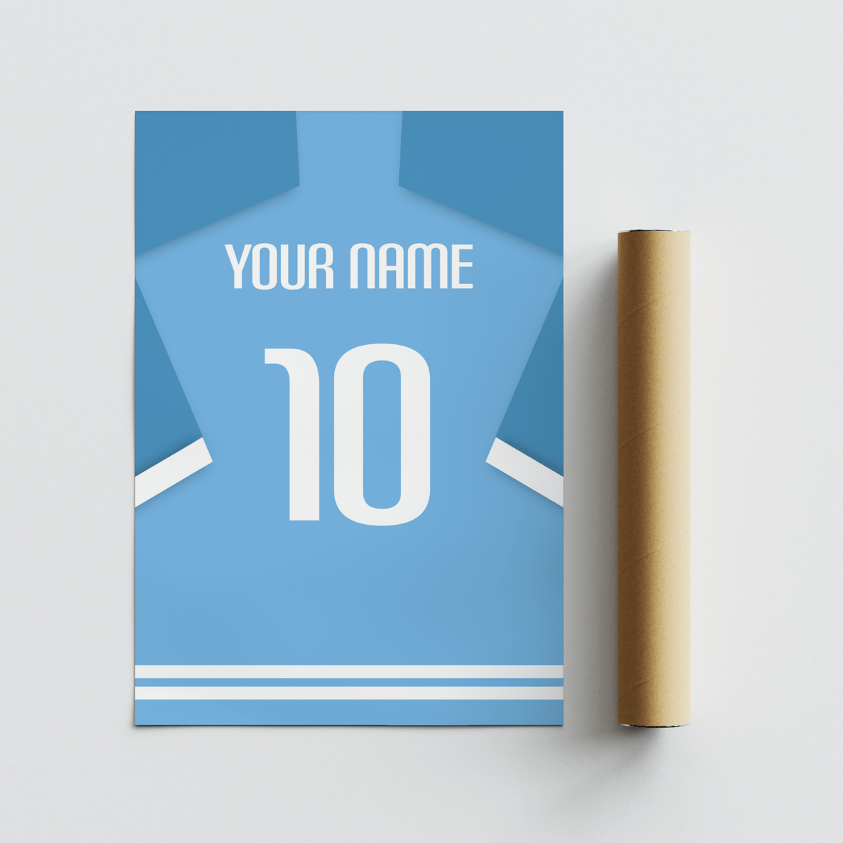 Light blue football shirt poster in minimalist style with white number 10 next to a brown packaging tube