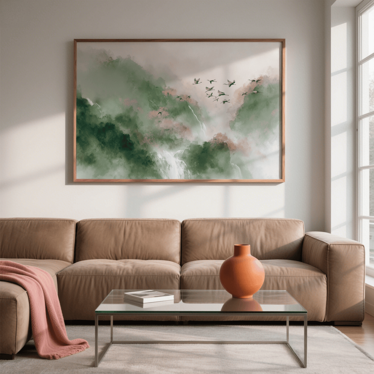 Print on a wall in a living room flying birds over misty green mountains with pink hues above a brown sofa