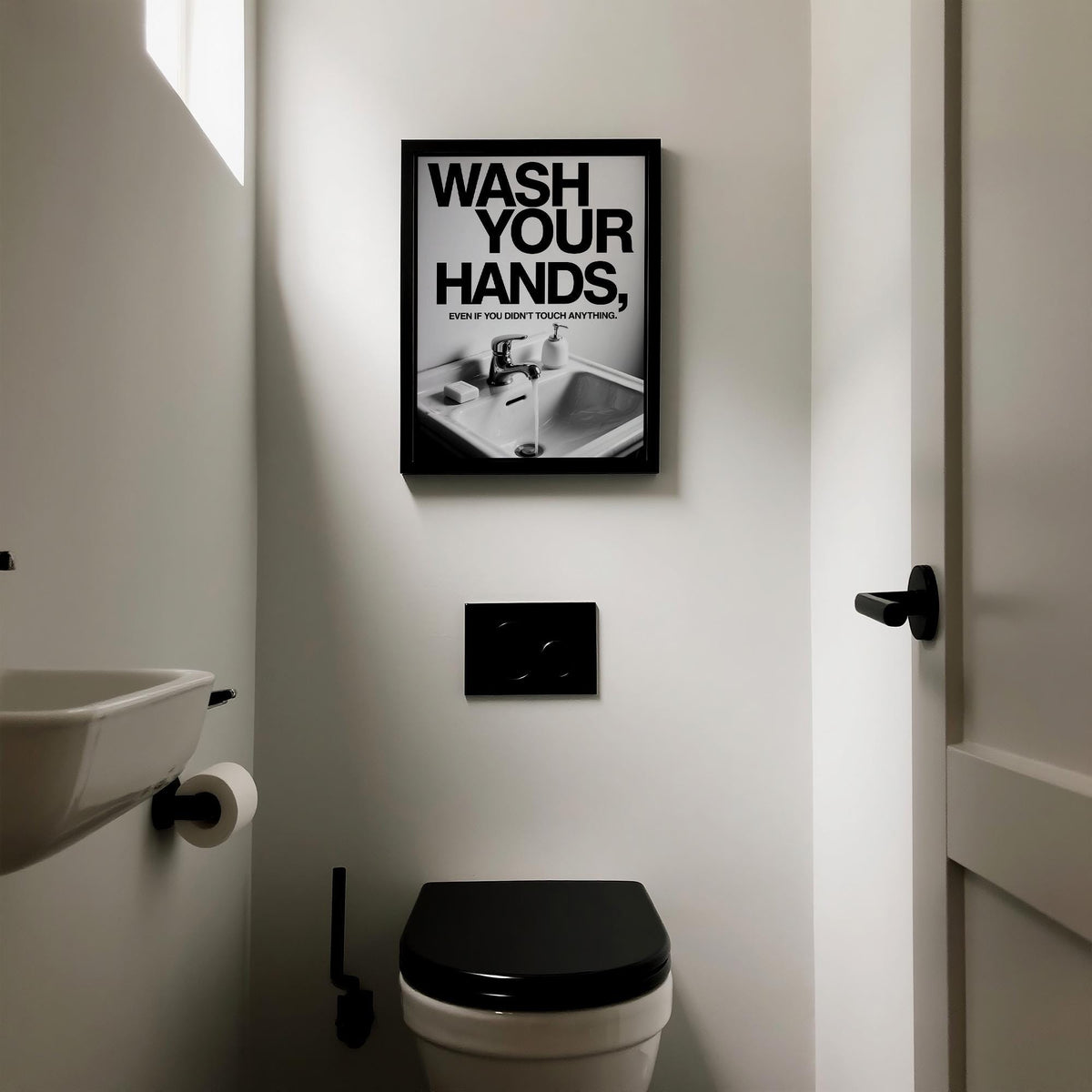 Toilet wall art funny with a sink and running water above a toilet in a minimalist bathroom