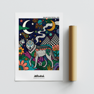 Wolf Galaxy wall art with colourful decorative wolf and cosmic patterns next to packaging tube