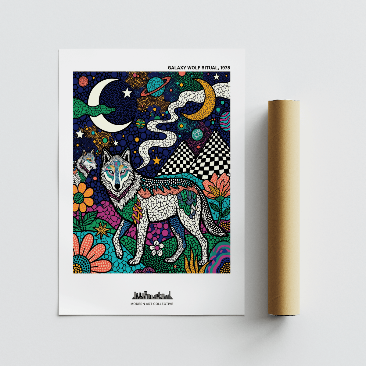 Wolf Galaxy wall art with colourful decorative wolf and cosmic patterns next to packaging tube