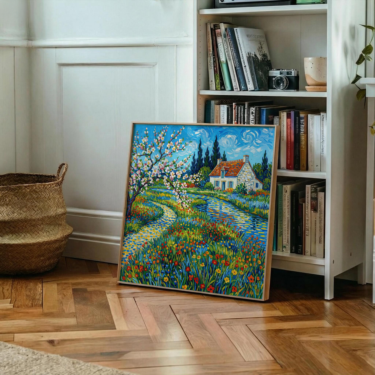 Framed impressionist garden poster leaning against a white bookshelf with books and a camera