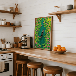 Colorful Water Lily Poster leaning on a kitchen counter with a coffee machine and a bowl of oranges nearby