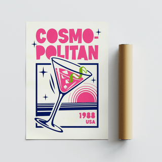 Cosmopolitan Cocktail Art Print with a pink and navy retro design next to a brown packaging tube