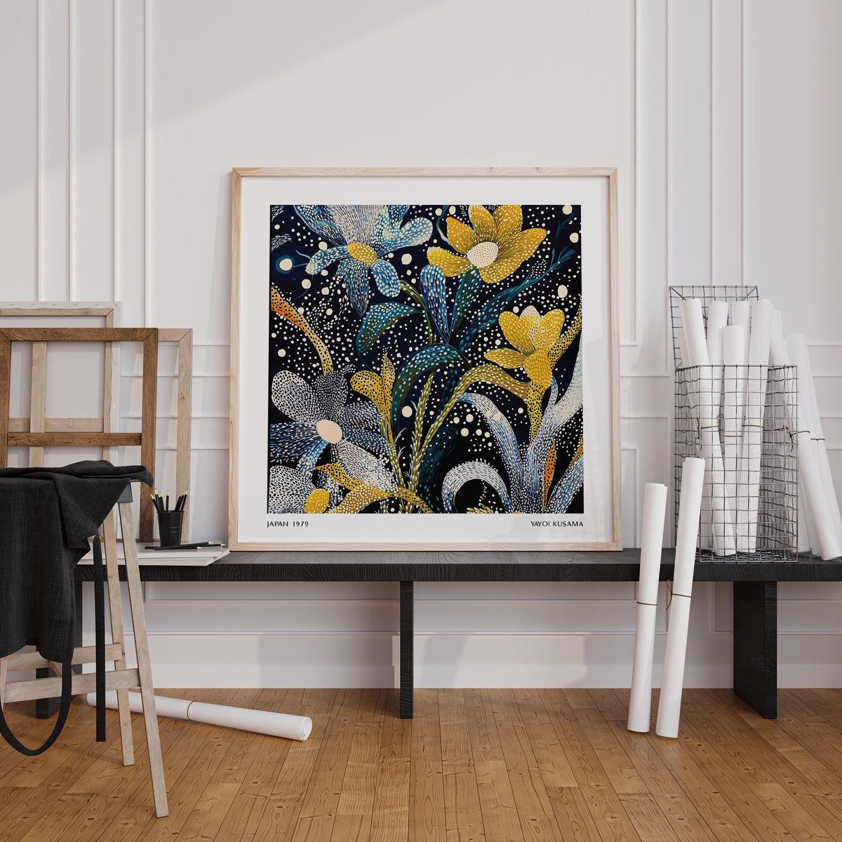 Dark Floral Wall Art print leaning on a black bench with white rolled posters beside it