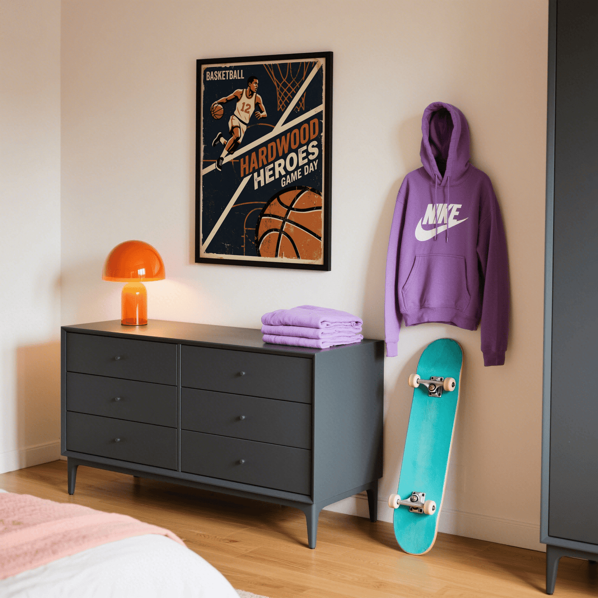 Vintage Basketball Art Print framed on a wall with a purple hoodie and teal skateboard beside it