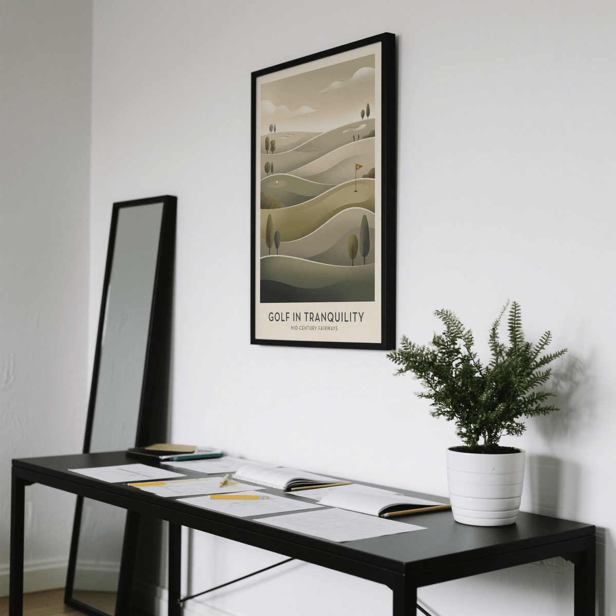 Mid-century Golf Art framed print of a minimalist golf course landscape in muted greens and beiges hanging above a black desk with open
