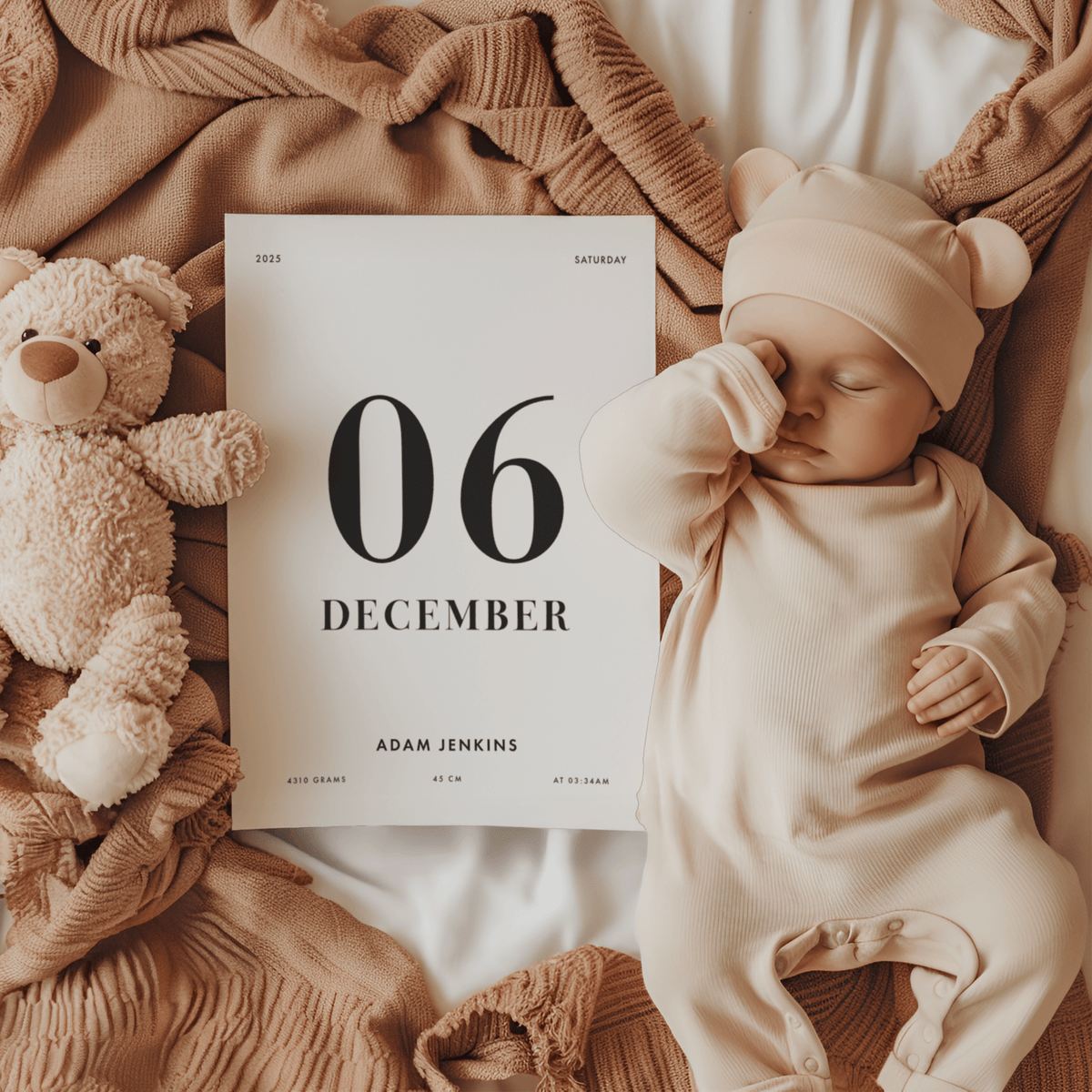 Detail close-up of a birth date poster next to a sleeping baby in beige clothes and a teddy bear