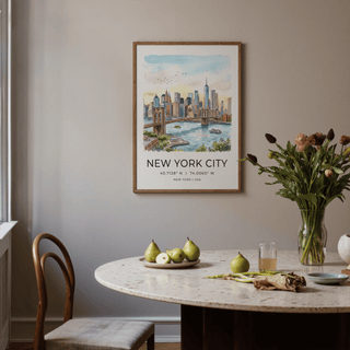 New York City wall art above a dining table with pears and flowers in a vase