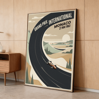 Framed Vintage Car Racing Poster with a minimalist vintage racing car next to a wooden cabinet