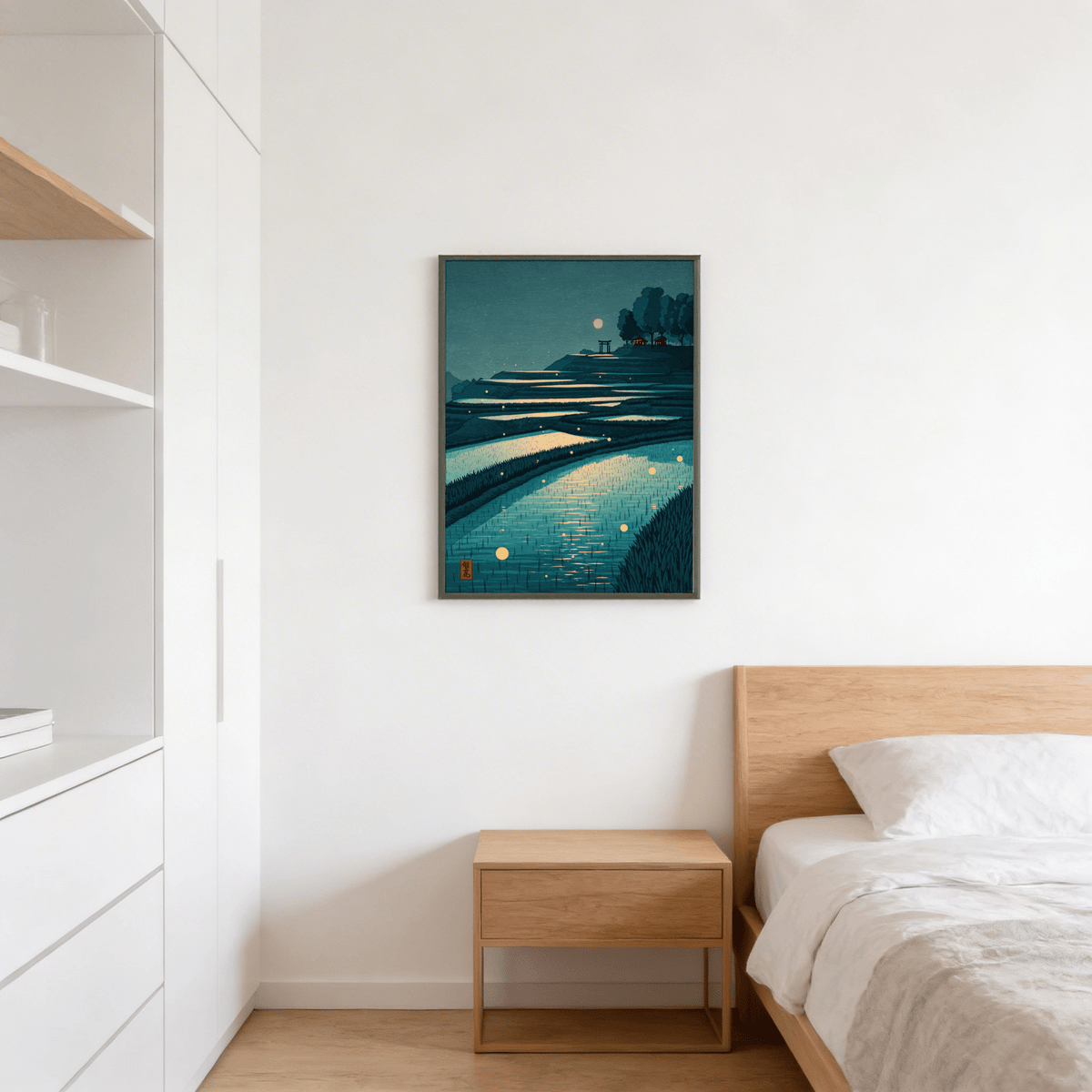 Tranquil Rice Field Poster framed print of terraced rice fields under moonlight in blue and green tones above a wooden bedside table