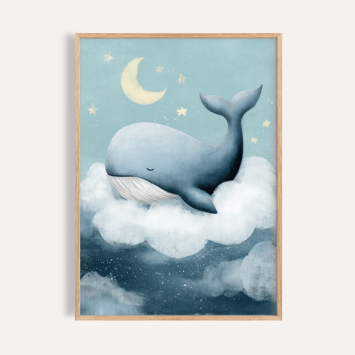 Framed Whale Nursery Wall Art with a sleeping whale on a white cloud under a crescent moon
