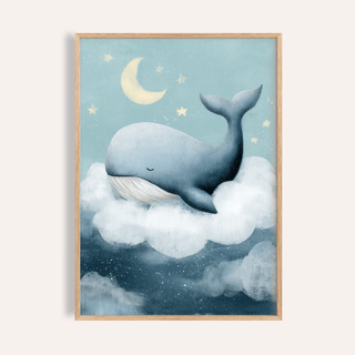 Framed Whale Nursery Wall Art with a sleeping whale on a white cloud under a crescent moon