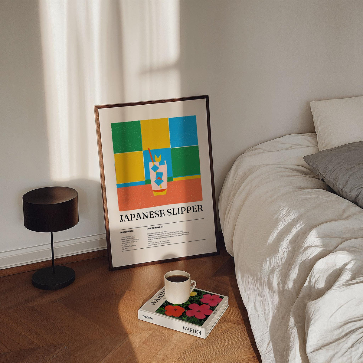 Trendy wall art leaning on floor with colourful minimalist Japanese slipper cocktail illustration near bed and lamp