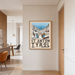 St Anton Tyrol art print of a minimalist ski resort scene with blue sky in a hallway