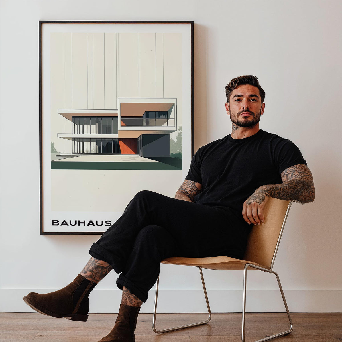 Framed Bauhaus Architecture Poster of a modernist building in muted colours on a wall behind a seated man