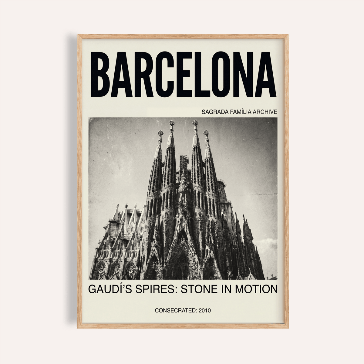 Framed print close-up of Barcelona Architecture Poster showing vintage style Sagrada Familia spires in grey tones
